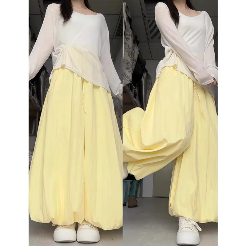 黄色花苞裤女夏季薄款冰丝灯笼半身裙裤高腰显瘦慵懒垂感阔腿长裤