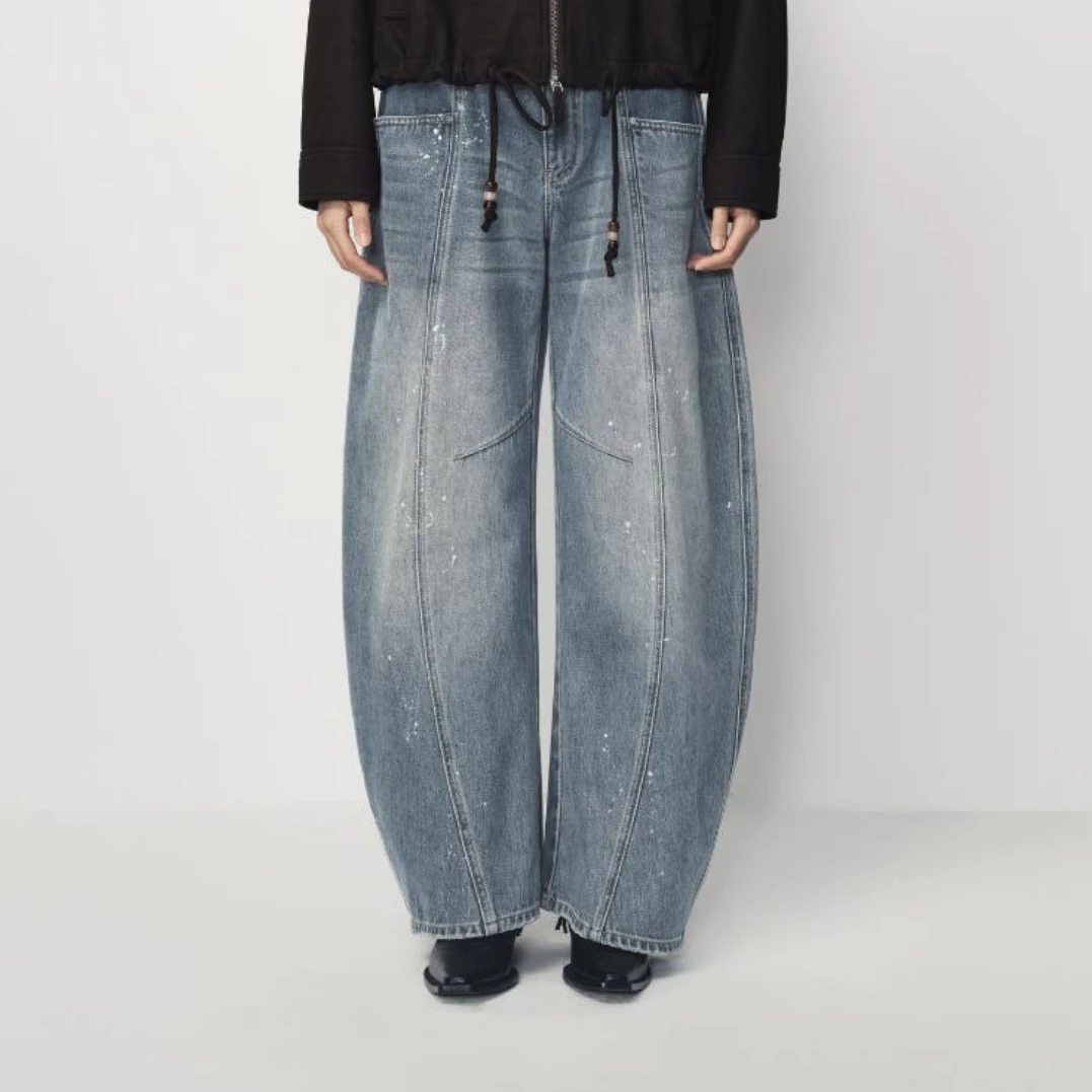 AVVENN 复古高腰弯刀牛仔裤女宽松显瘦百搭阔腿长裤———黑鸭子