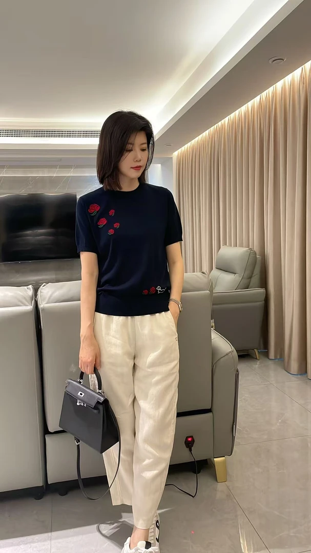 JY25夏季时尚衫圆领玫瑰花园提花领针织潮流套头针织衫