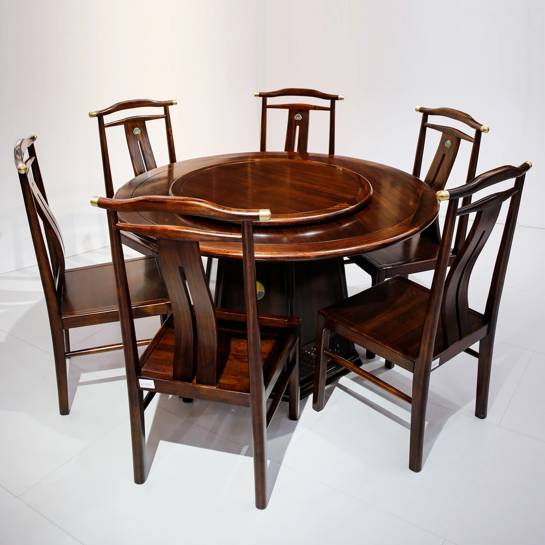 （大利家具）007-H02黑檀木圆餐桌餐椅圆桌高端两用转盘餐台