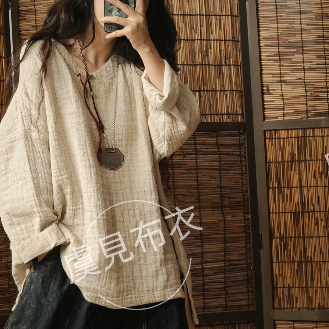 虞姑娘推荐  双织雨露麻手工线V领复古上衣【衣长70胸围136】