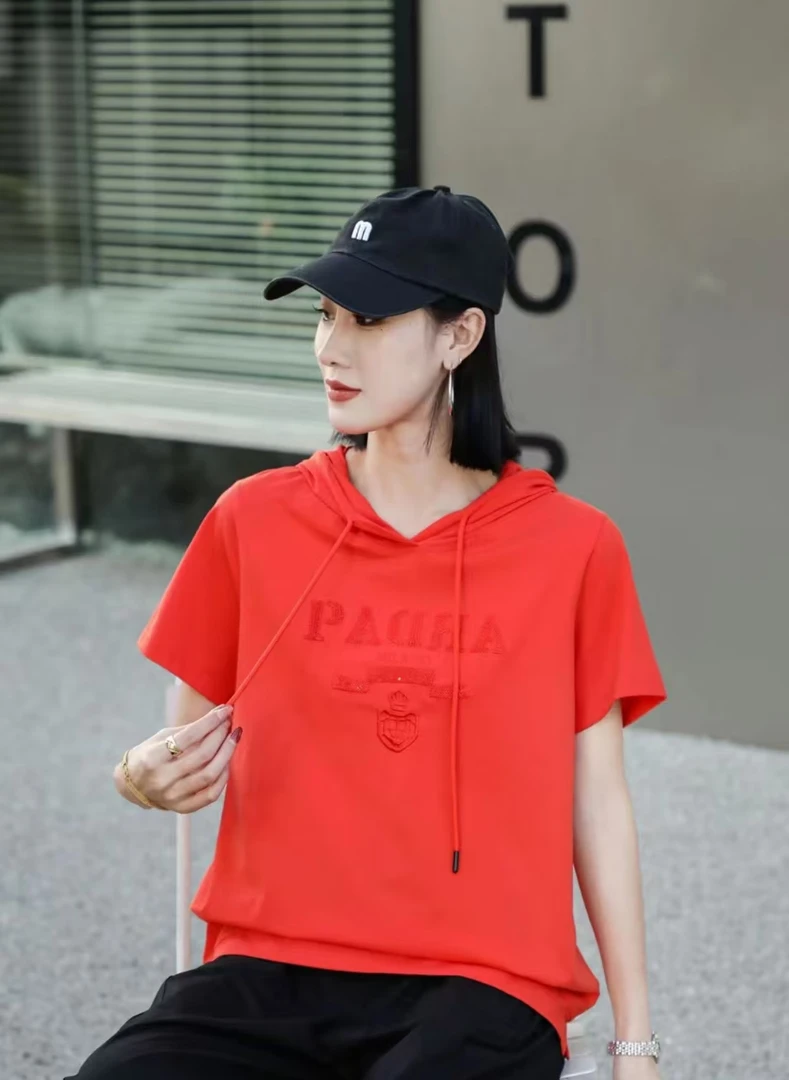春夏新款韩版连帽刺绣T恤女短袖宽松休闲修身显瘦宽时尚上衣1023