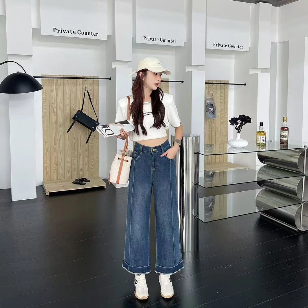 翻边拼接九分阔腿牛仔裤女2025夏季薄款胖mm百搭宽松高腰直筒裤