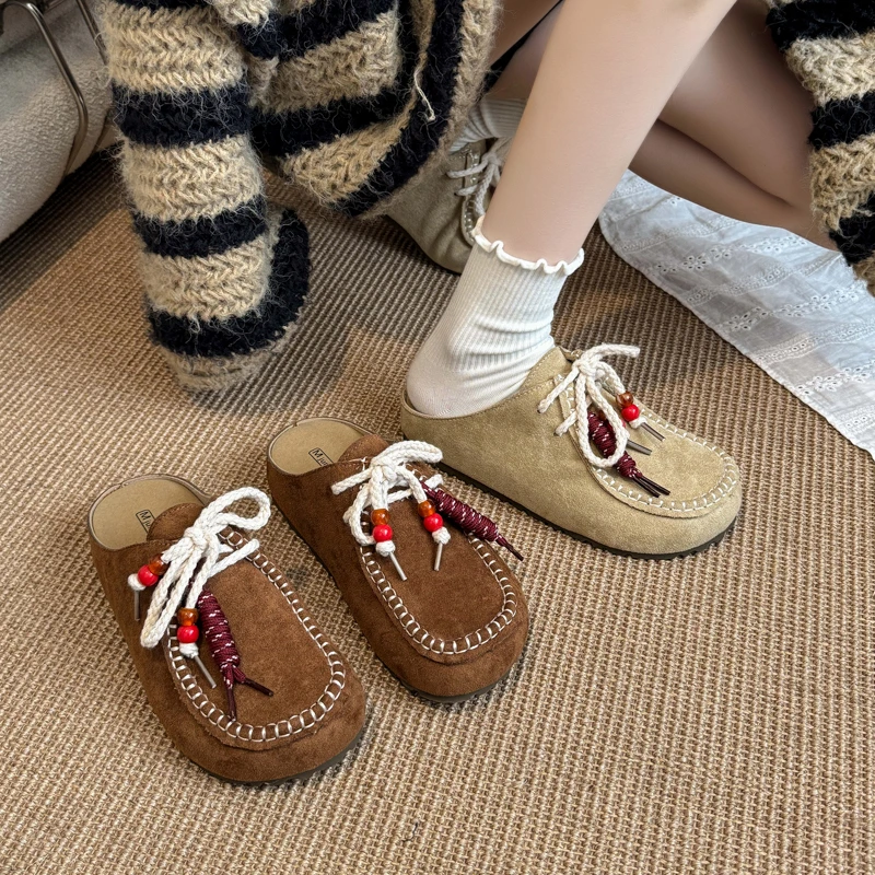 爆款网红复古棕色厚底包头拖鞋女外穿2025新款秋季配裙子勃肯半拖