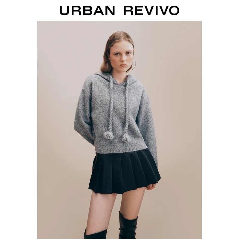 UR2025冬季新款女装潮流连帽流苏抽绳短款针织衫UYV950040+