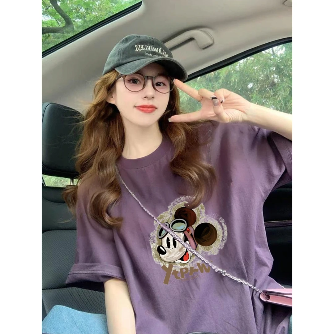 美式设计感潮流圆领宽松显瘦百搭短袖T恤女百搭紫色气质上衣