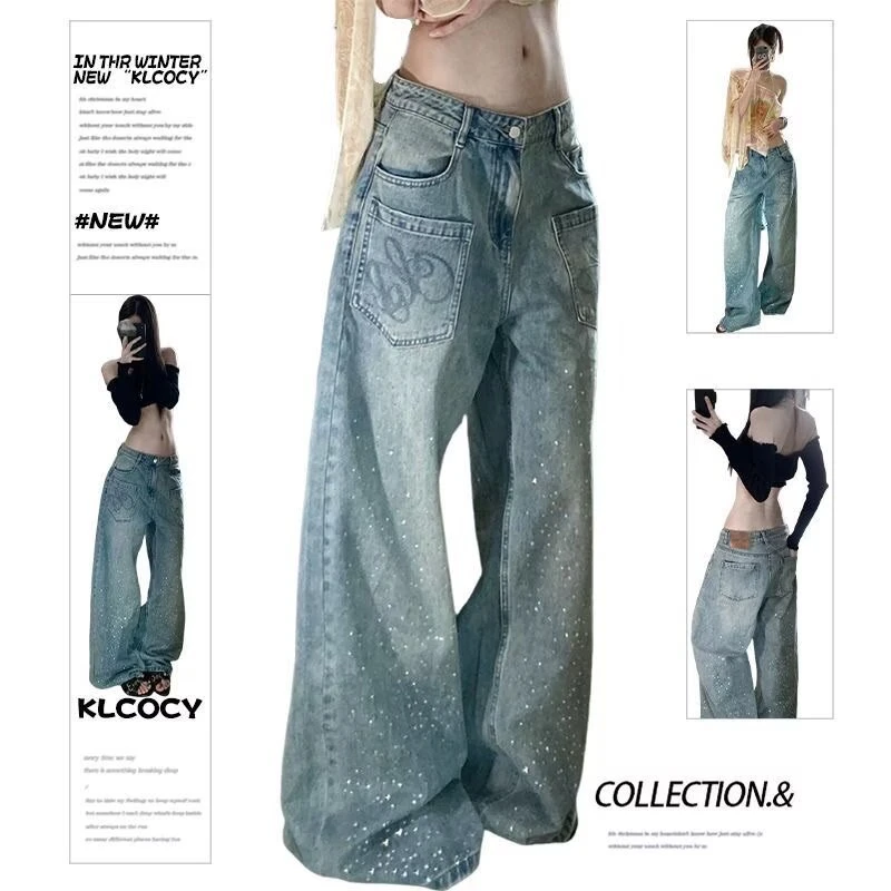 美式复古设计感烫钻阔腿牛仔裤高腰女2026款宽松显瘦拖地直筒长裤