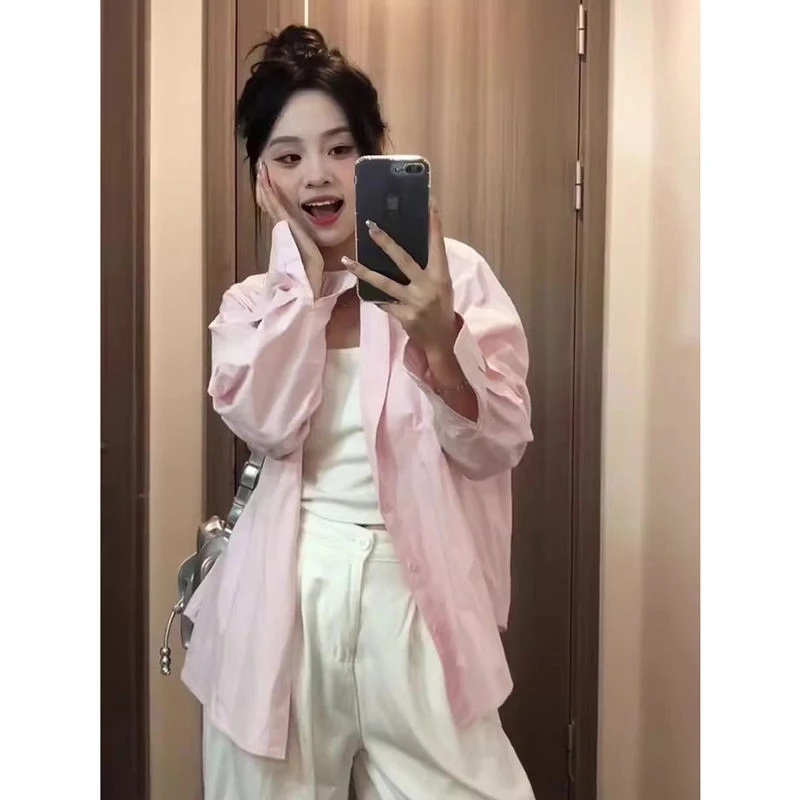 粉色韩系温柔风长袖衬衫春秋纯棉宽松慵懒感休闲百搭polo领衬衣女