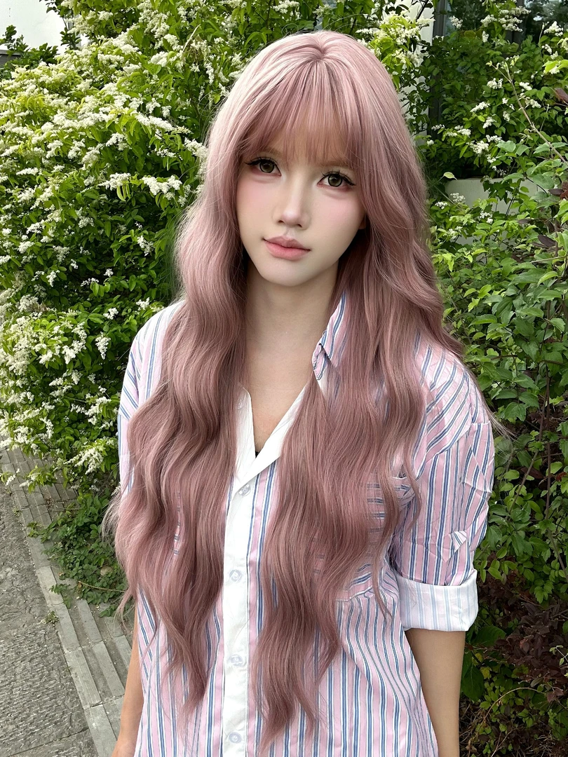 【春日芭比】水波纹~干枯玫瑰色~齐刘海~长卷发