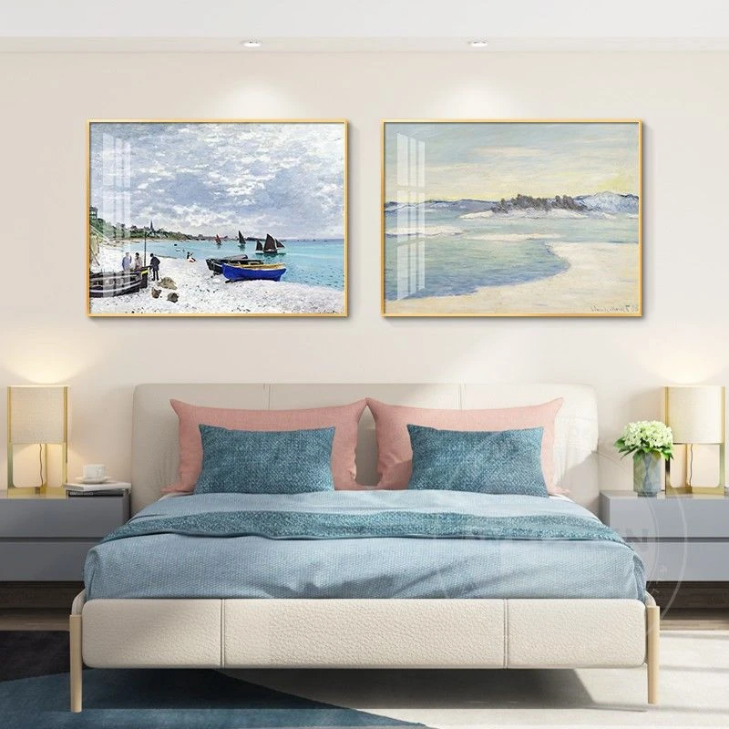 世界名画风景莫奈卧室床头装饰画轻奢油画简约两联画日出挂画海上