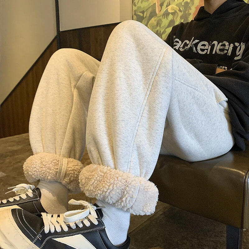 东北超厚羊羔绒裤子男冬款加绒加长花灰色卫裤美式束脚灰色卫裤