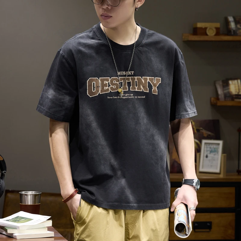 LEIGHZ/雷茨短袖t恤男士字母印花上衣夏季水洗渐变宽松圆领体恤男