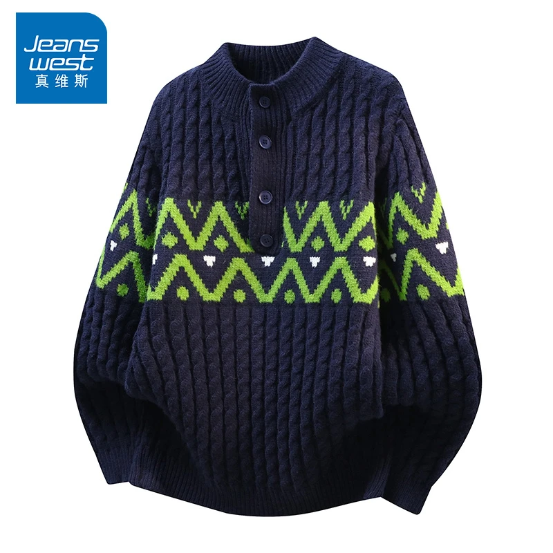 真维斯秋冬季潮流拼色时尚纽扣毛衣男款宽松舒适保暖休闲针织衫