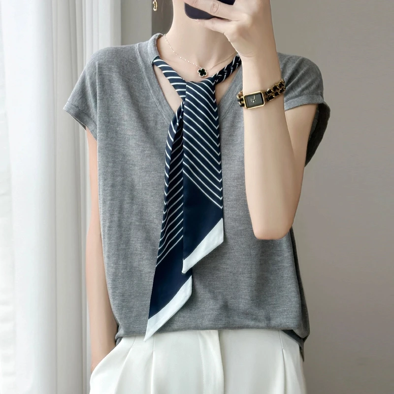 学院风系带丝巾短袖T恤女夏季新款100%天丝设计感百搭上衣薄