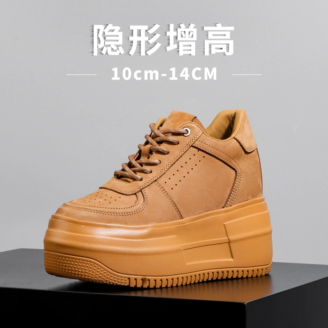 14CM内增高松糕鞋女2025秋季新款真皮隐形小个子厚底12厘米休闲鞋