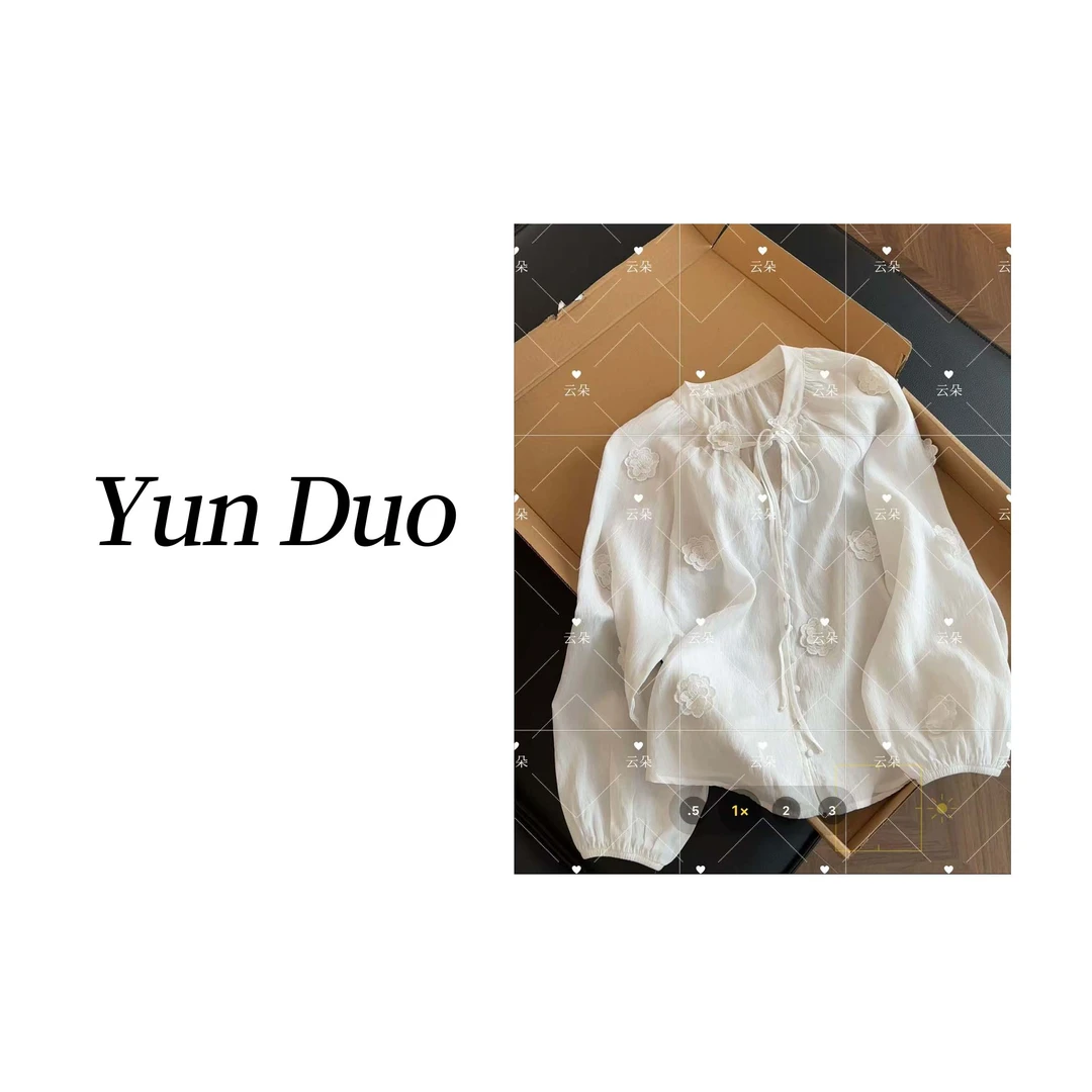 云朵定制【雪樱】立体花朵纯色V领系绳衬衫LB11