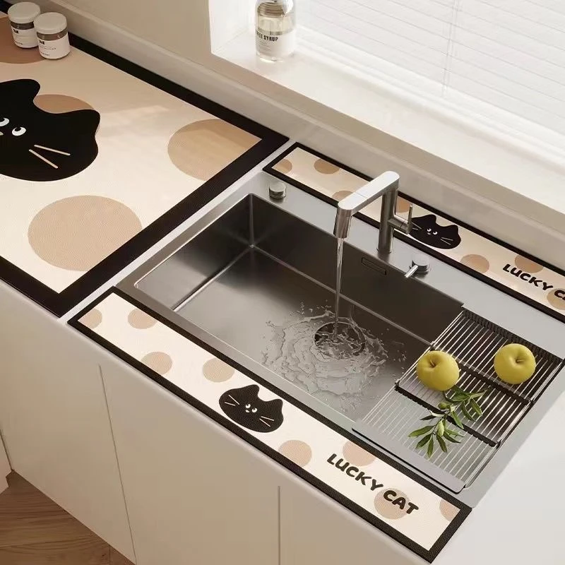 （新疆包邮）波点幸运黑猫硅藻泥挡水条沥水垫台面清洁卫生长条厨房