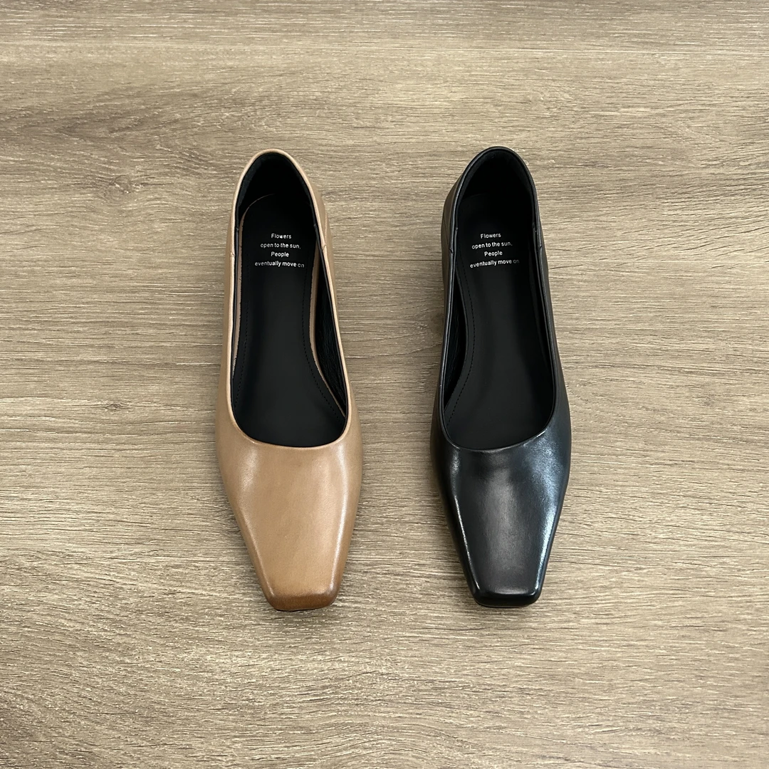 Dannyfrey法式复古方头头层小牛皮女极简通勤时尚浅口低跟单鞋