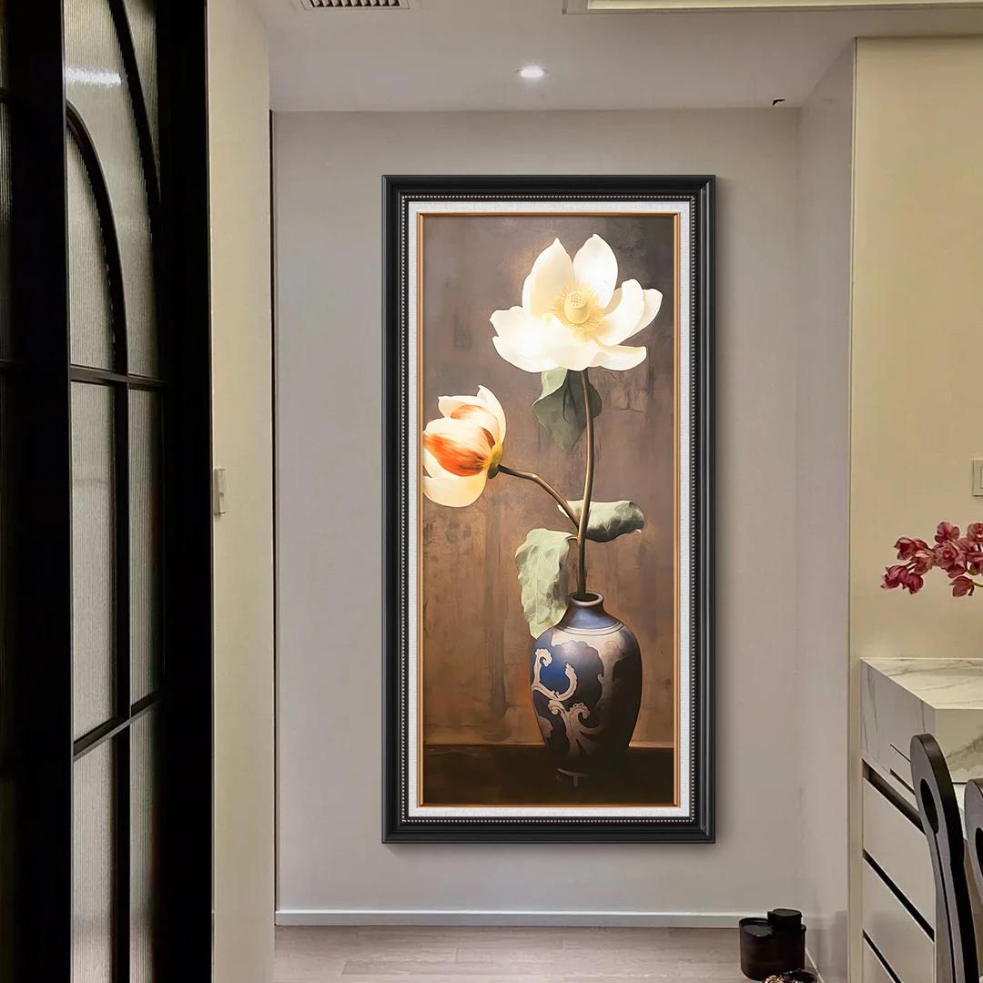 步步生莲】玄关走廊装饰画入户进门挂画美式复古过道壁画荷花油画