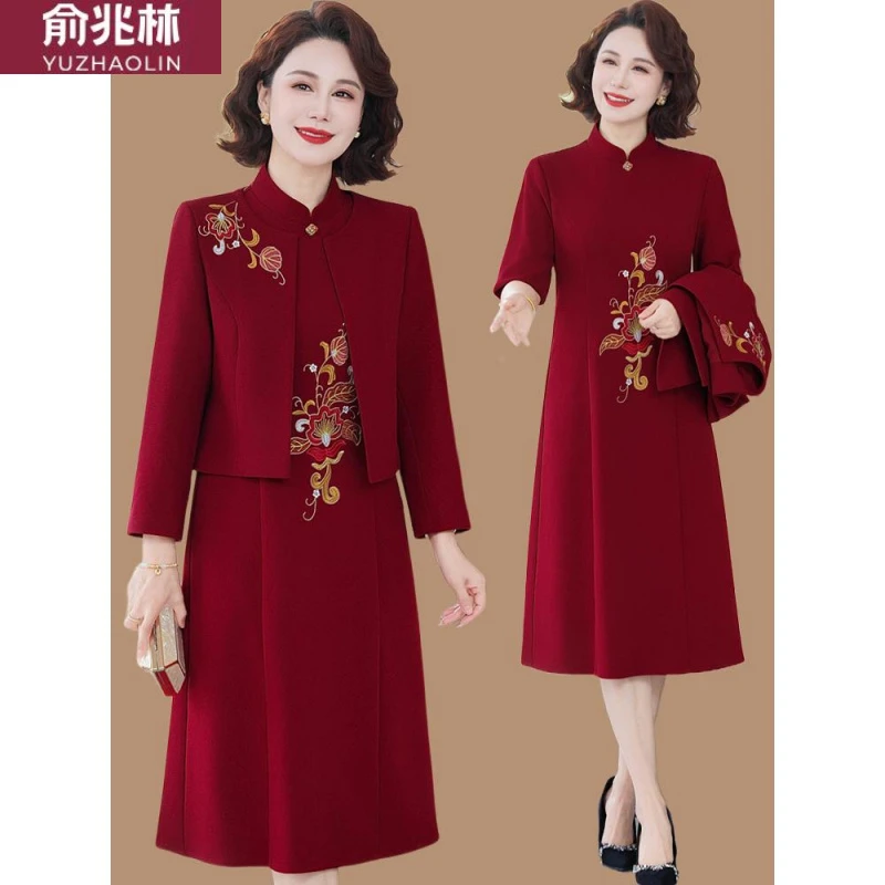 妈妈婚礼服高贵旗袍中老年女春秋喜婆婆婚宴装新中式连衣裙两件套