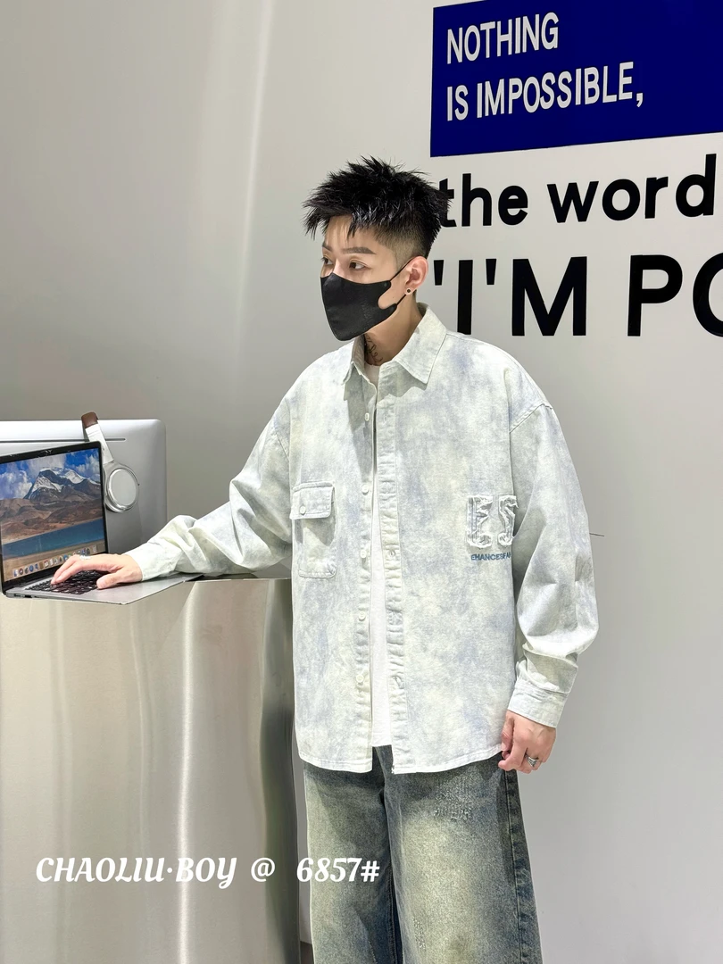 秋季美式复古水洗风潮流时尚「字母扎染印花」长袖衬衫6857