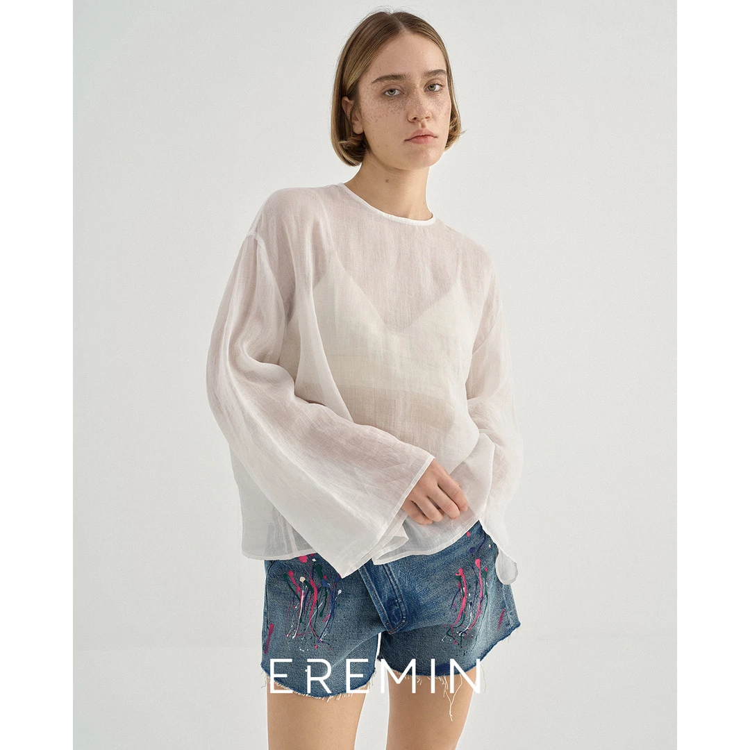 DE Mincollection白纱套头衫/夏日轻薄全苎麻衬衫清凉套头小衫