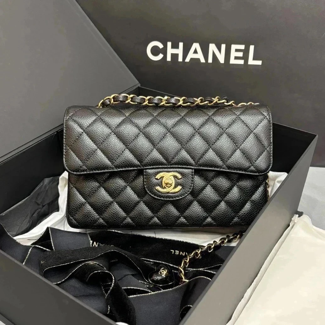 未使用 Chanel/香奈儿 黑金CF小号 芯片款 荔枝牛皮链条单肩包