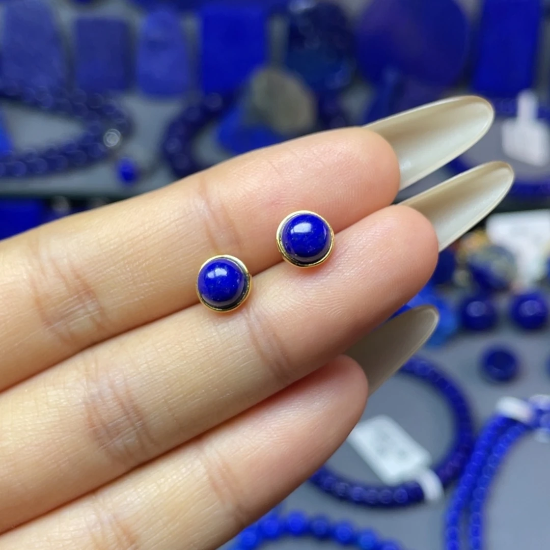 青金石银S925镀金镶嵌7mm耳饰