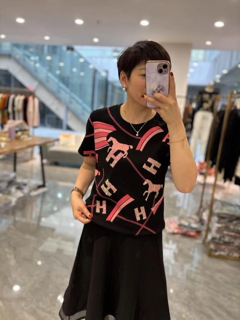 【丽丽家】夏季新款欧货潮牌T恤亮钻小马短袖670