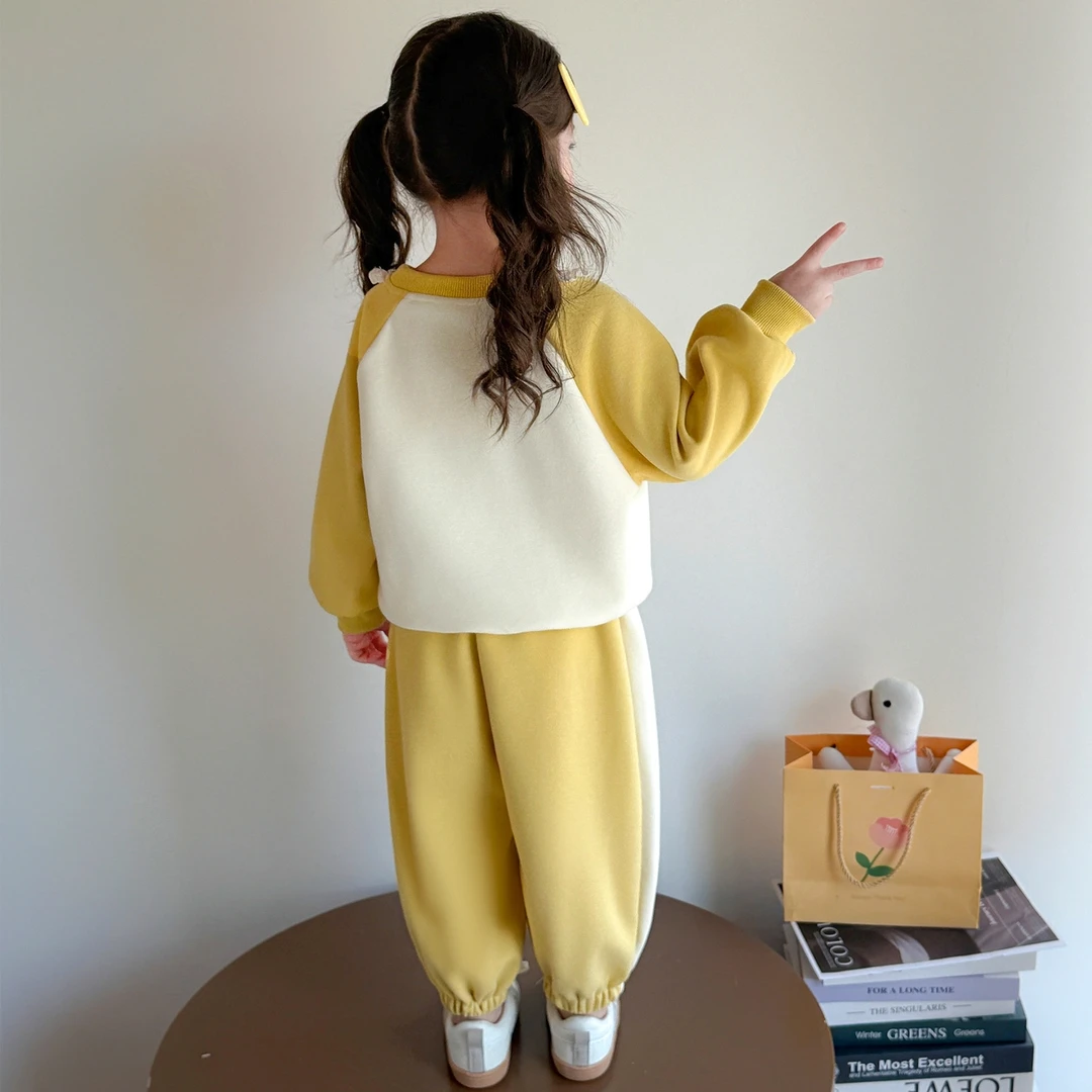 女童秋季套装2025新款儿童花边领插肩袖卫衣宝宝休闲裤运动两件套