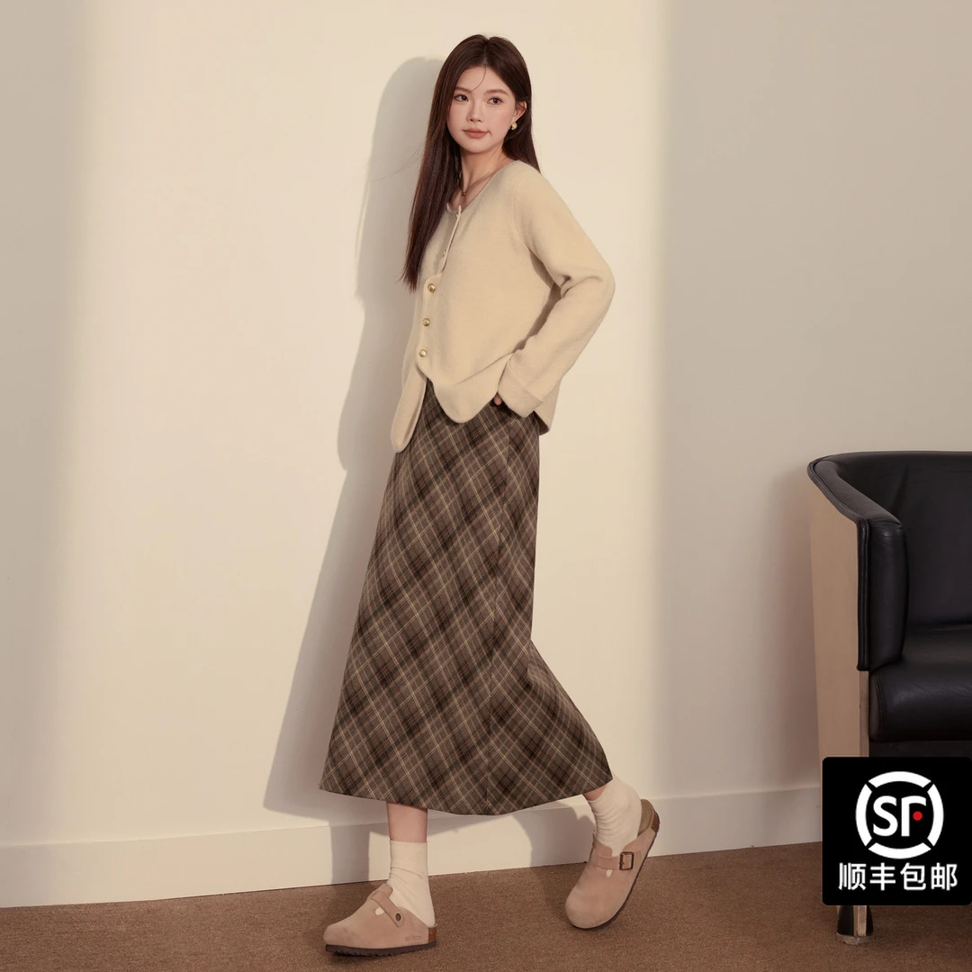 蓝语大码女装胖mm法式针织格纹a字半身裙冬季两件套21750秋冬服装