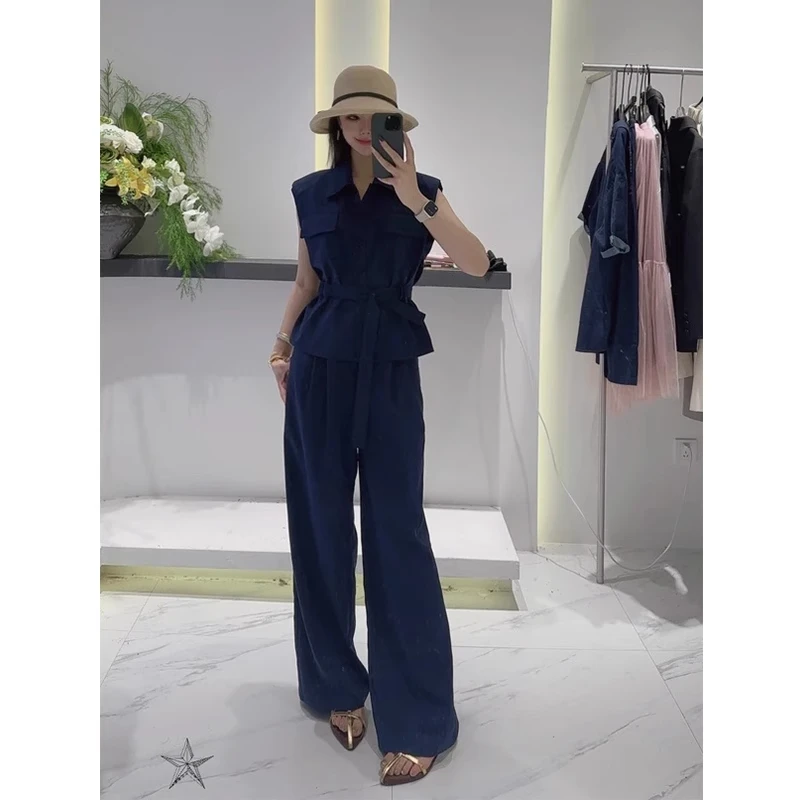 拉夏贝尔小众衬衫套装女2025夏季新款高智感无袖上衣阔腿裤两件套