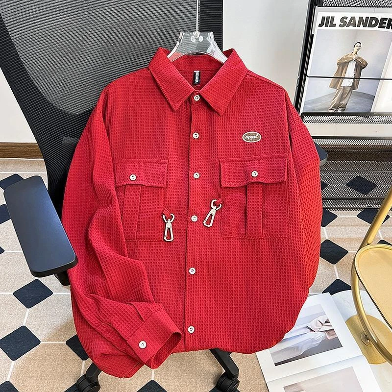 【OOTD】【网红】美式潮牌复古华夫格嘻哈长袖衬衫男女街头美式学