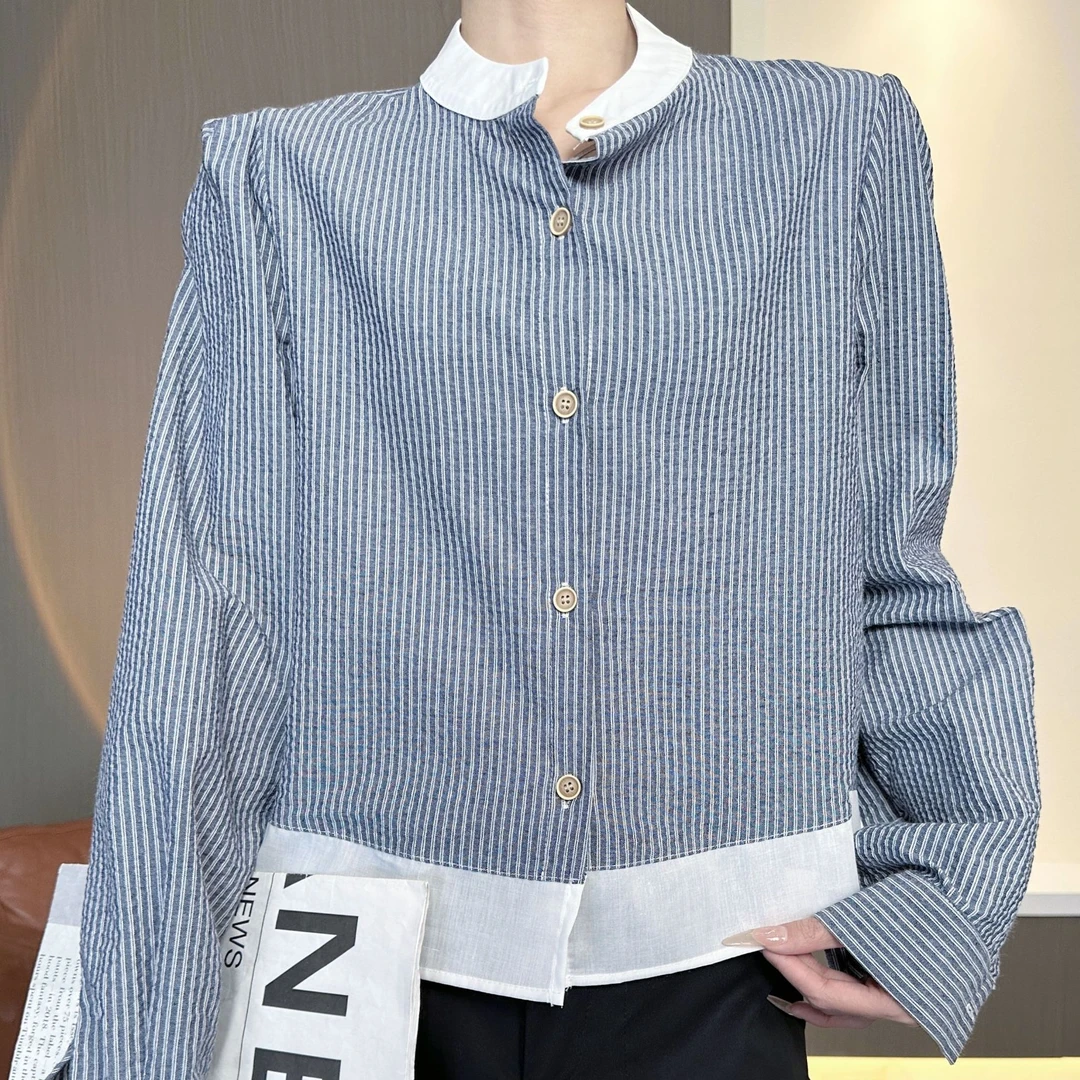 法式复古休闲百搭条纹衬衫女韩版宽松型设计感撞色衬衣