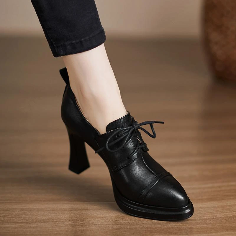 修悦女鞋9.5cm小个子法式高跟鞋粗跟系带单鞋黑色职业通勤小皮鞋