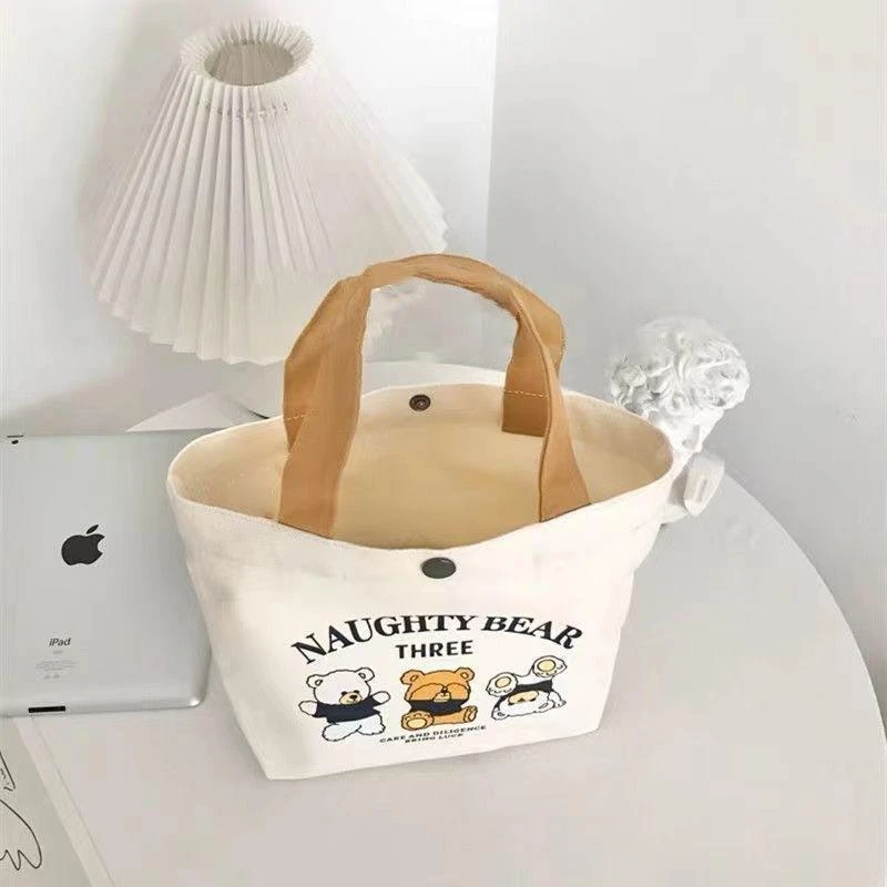 三只小熊帆布包便携手提袋上班便当小巧卡通帆布袋百搭饭盒袋简约