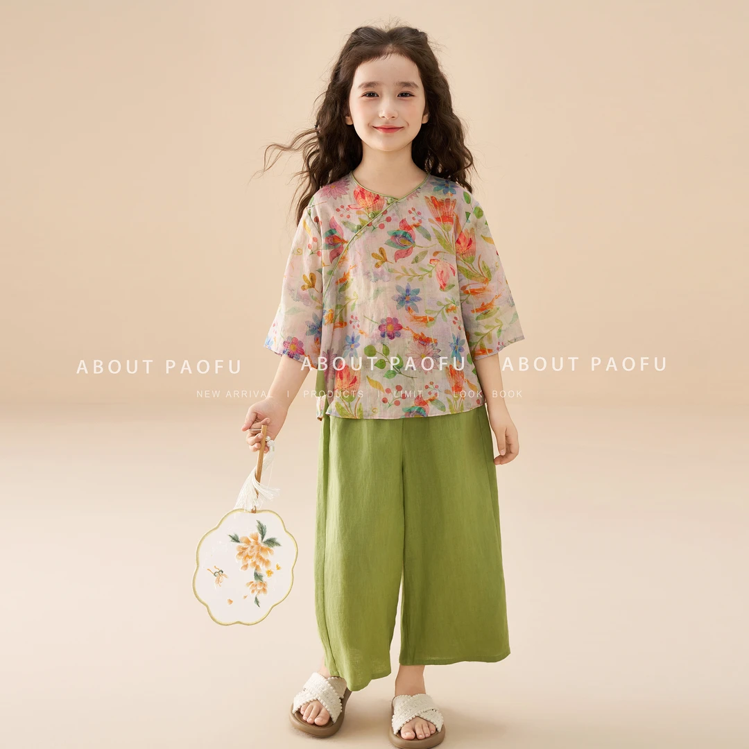 【荷花】泡芙定制 新款100苎麻 42支国风女童九分裤套装  DY1250605