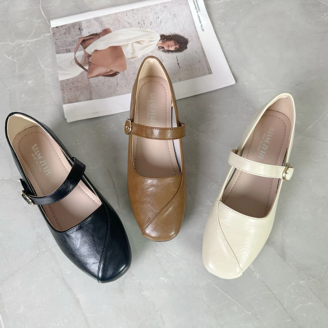 方头玛丽珍鞋女真皮粗跟单鞋软底低跟皮鞋妈妈鞋子一字带大码女鞋