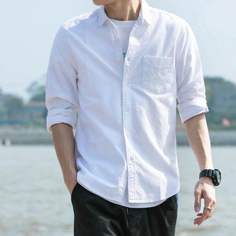 白色衬衫男休闲春秋立领纯棉保暖长袖内搭日系ins潮牌韩版衬衣寸