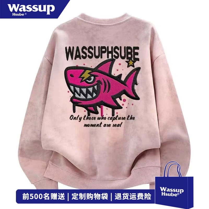 WASSUP HSUBE创意个性鲨鱼印花圆领卫衣男秋冬休闲风宽松扎染上衣
