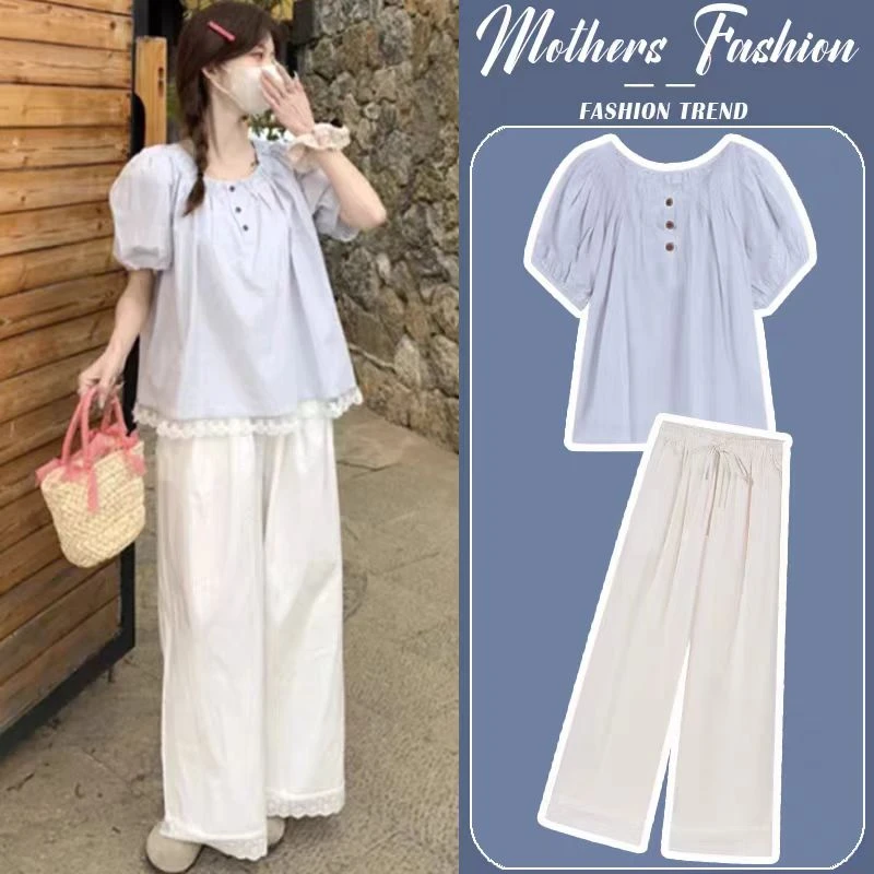 孕妇套装夏季新款夏天夏装甜美娃娃衫孕期洋气穿搭上衣裤子两件套