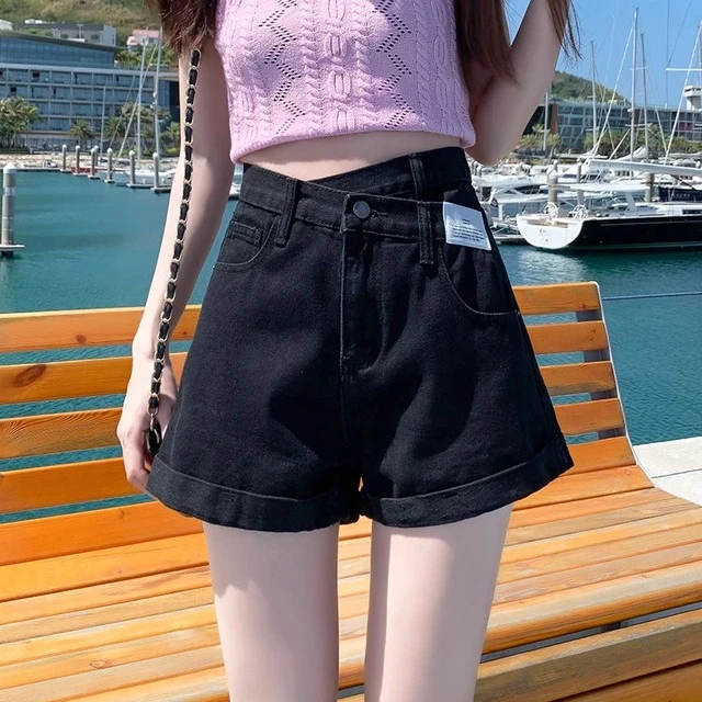 黑色牛仔短裤女百搭薄款高腰显瘦a字小众设计感阔腿卷边热裤子夏