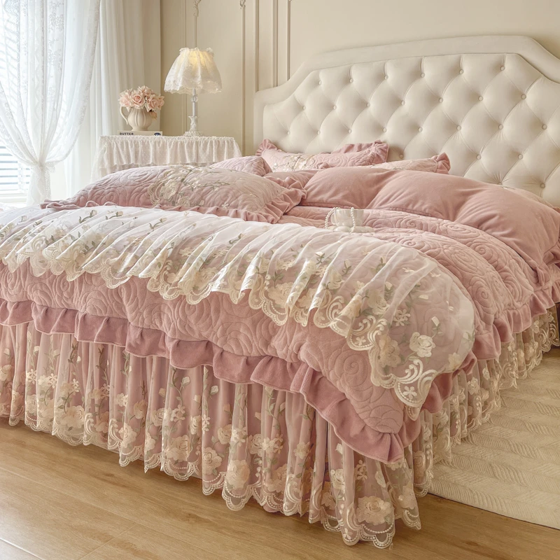 2025冬床上用品牛奶绒床裙四件套加厚特厚韩版公主风加绒床罩被套