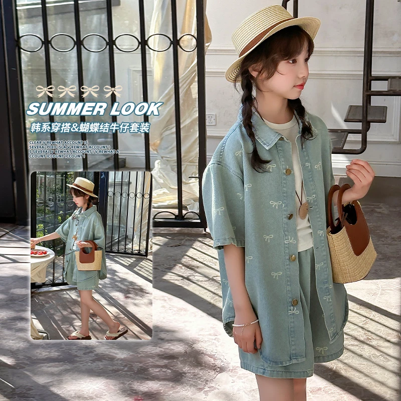 HBE1042&蝴蝶结印花牛仔套装