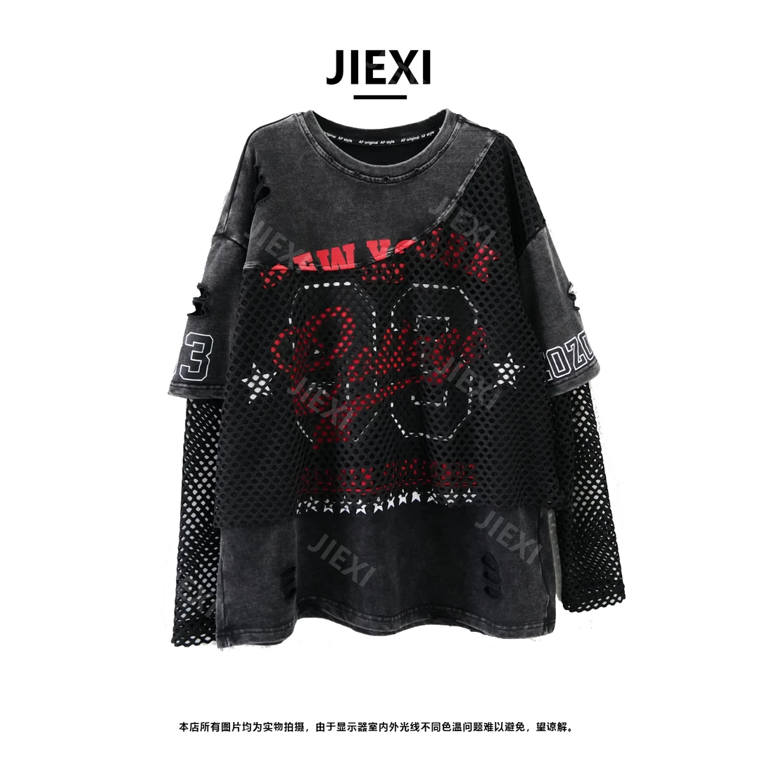 JIEXI潮牌新款字母印花韩版重工洗水做旧拼网格假两件卫衣jx6636