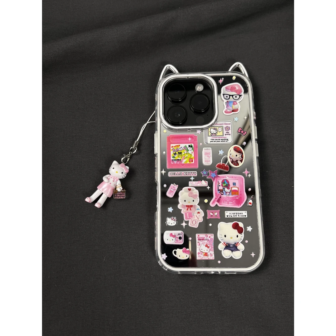 趣味猫耳镜面毛绒kitty拓麻歌子适用iPhone16Promax苹果15手机壳