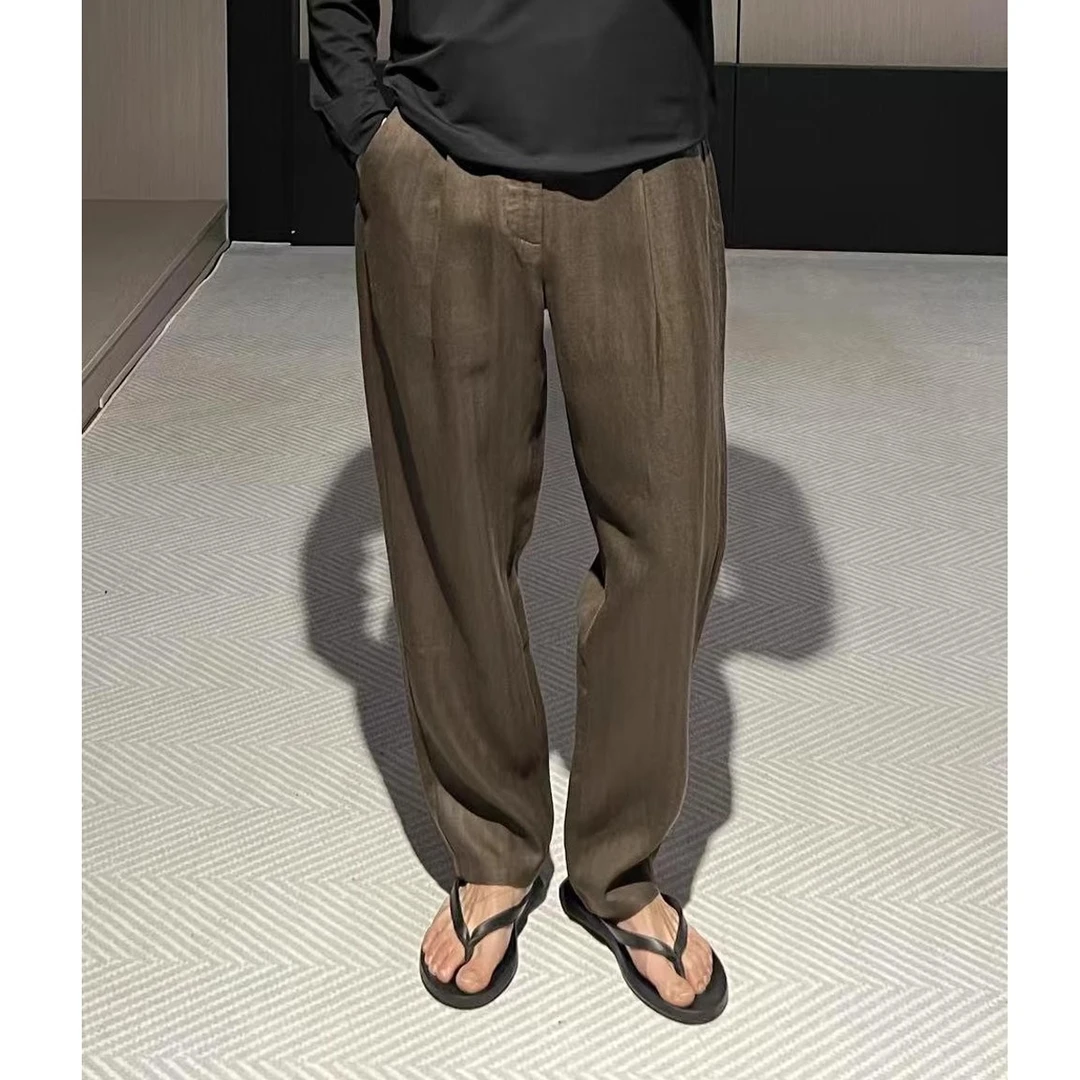 净奢慵懒风天丝亚麻休闲裤男士夏季简约百搭垂感透气宽松直筒裤子