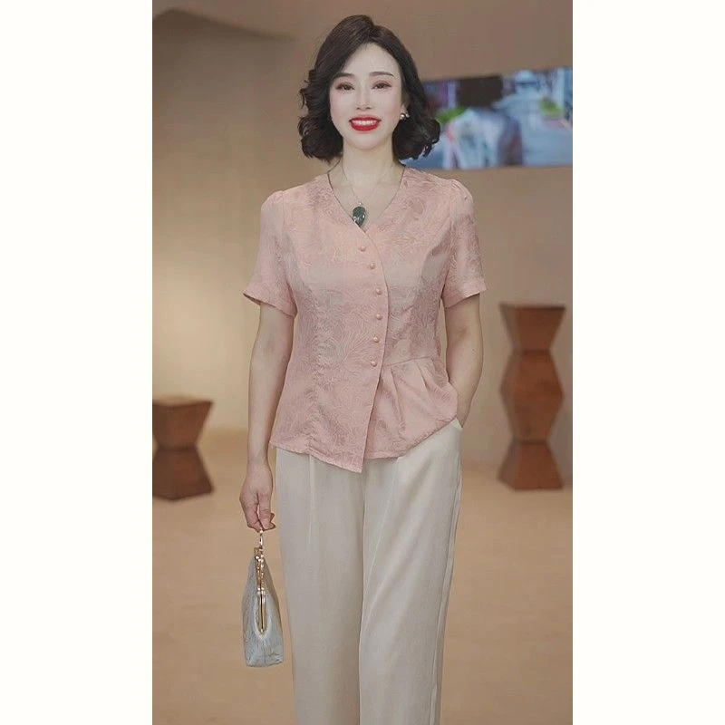 中年妈妈夏装洋气短袖套装夏季新款中老年气质上衣中国风两件套女