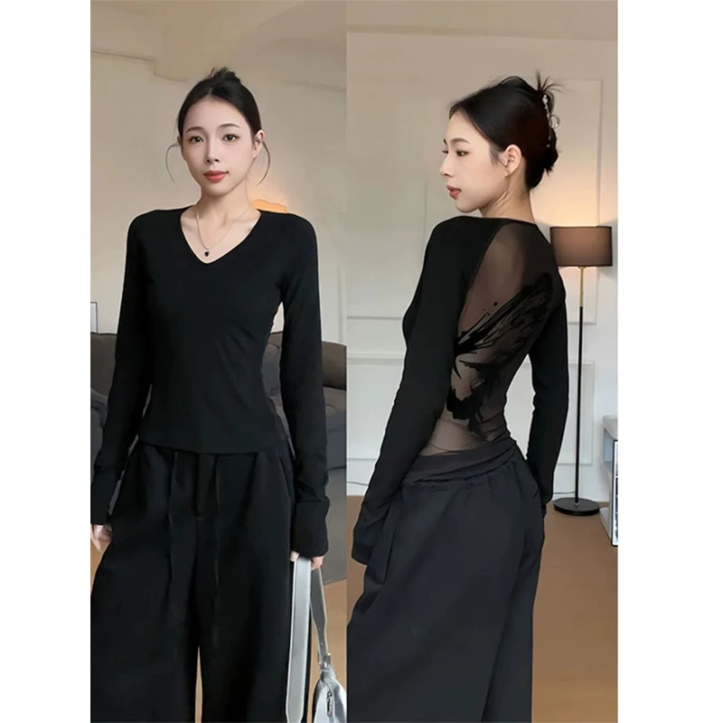 黑色蝴蝶印花v领内搭t恤女早春性感辣妹修身显瘦长袖短款打底上衣