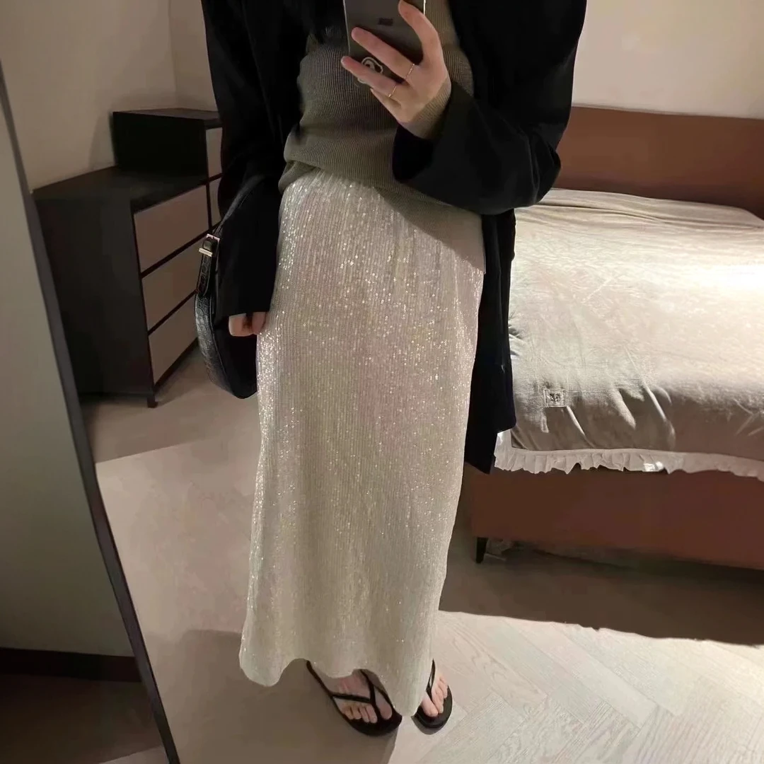 【晨浠定制】新款气质显瘦百搭休闲亮片中长半裙1772